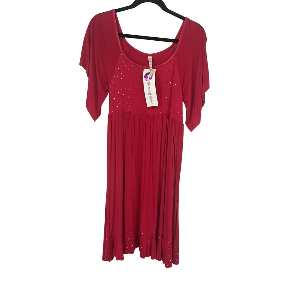 Rhonda Shear Red Dress Silver Accents Scoop Neck Dolman‎ Sleeve